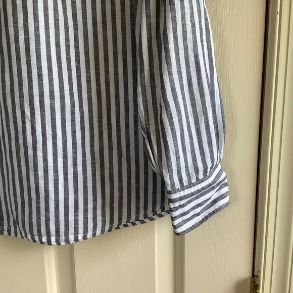 Rachel Hollis Woven Linen Striped Henley Shirt Grey White SZ 14 - Picture 5 of 16
